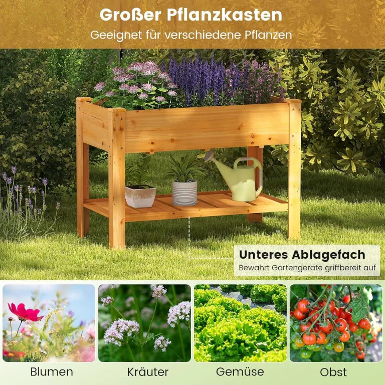 COSTWAY Hochbeet mit Ablage, Erhöhtes Gartenbeet aus Holz, Pflanzkasten mit Entwässerungslöchern, Gemüsebeet Kräuterbeet groß, für Balkon Garten Terrasse, 120 x 60 x 81 cm (Braun) – Bild 7