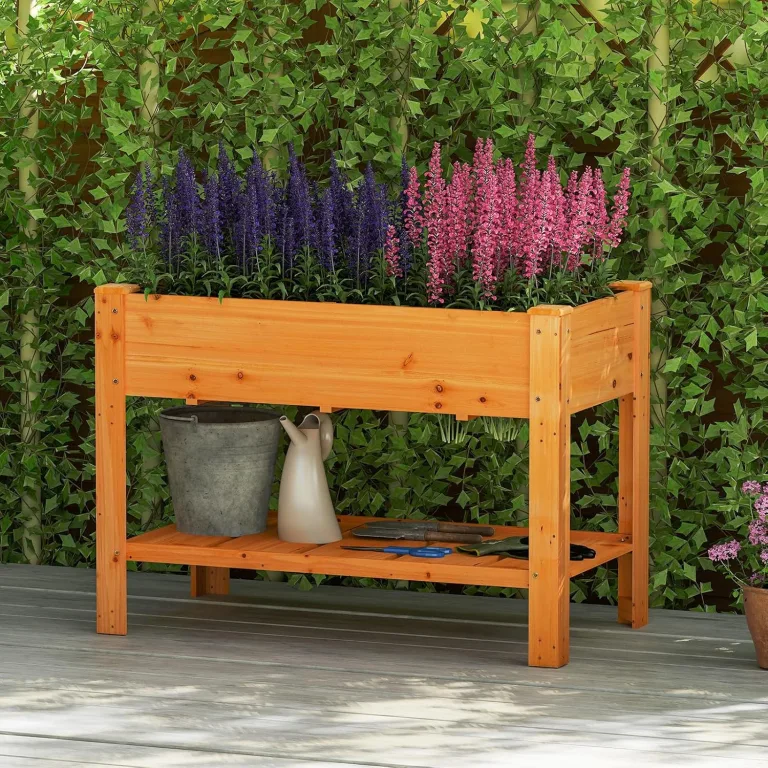 COSTWAY Hochbeet mit Ablage, Erhöhtes Gartenbeet aus Holz, Pflanzkasten mit Entwässerungslöchern, Gemüsebeet Kräuterbeet groß, für Balkon Garten Terrasse, 120 x 60 x 81 cm (Braun) – Bild 8