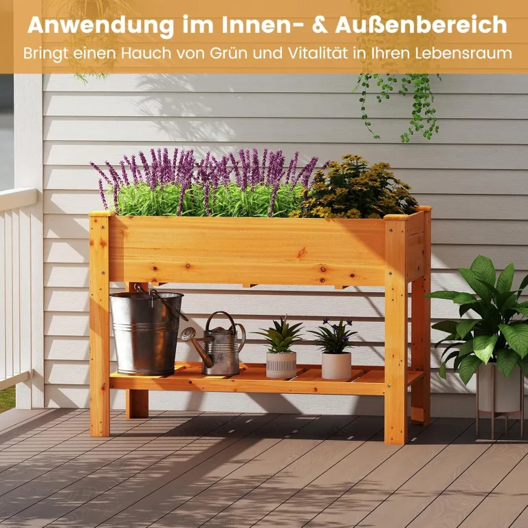 COSTWAY Hochbeet mit Ablage, Erhöhtes Gartenbeet aus Holz, Pflanzkasten mit Entwässerungslöchern, Gemüsebeet Kräuterbeet groß, für Balkon Garten Terrasse, 120 x 60 x 81 cm (Braun) – Bild 3
