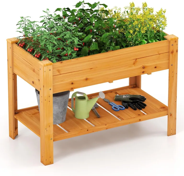 COSTWAY Hochbeet mit Ablage, Erhöhtes Gartenbeet aus Holz, Pflanzkasten mit Entwässerungslöchern, Gemüsebeet Kräuterbeet groß, für Balkon Garten Terrasse, 120 x 60 x 81 cm (Braun) – Bild 1