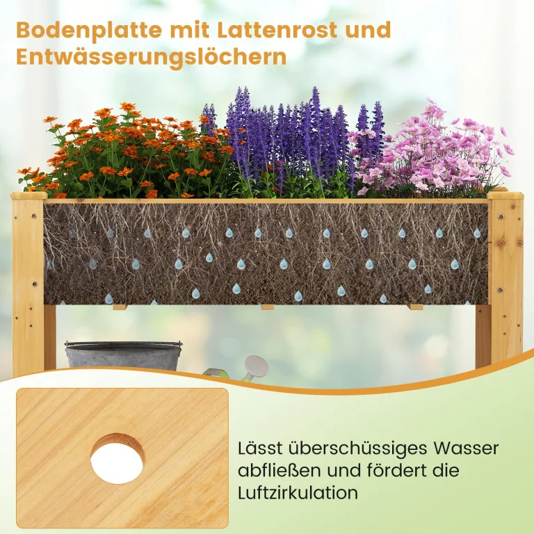 COSTWAY Hochbeet mit Ablage, Erhöhtes Gartenbeet aus Holz, Pflanzkasten mit Entwässerungslöchern, Gemüsebeet Kräuterbeet groß, für Balkon Garten Terrasse, 120 x 60 x 81 cm (Natur) – Bild 5