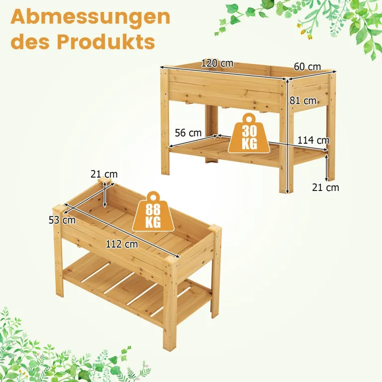 COSTWAY Hochbeet mit Ablage, Erhöhtes Gartenbeet aus Holz, Pflanzkasten mit Entwässerungslöchern, Gemüsebeet Kräuterbeet groß, für Balkon Garten Terrasse, 120 x 60 x 81 cm (Natur) – Bild 6
