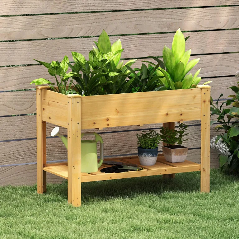 COSTWAY Hochbeet mit Ablage, Erhöhtes Gartenbeet aus Holz, Pflanzkasten mit Entwässerungslöchern, Gemüsebeet Kräuterbeet groß, für Balkon Garten Terrasse, 120 x 60 x 81 cm (Natur) – Bild 9