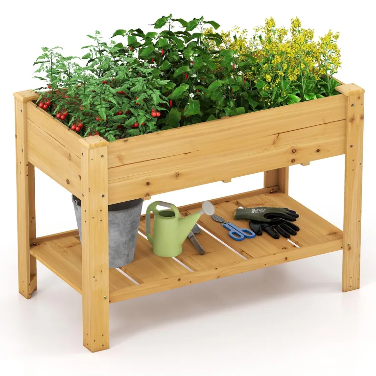 COSTWAY Hochbeet mit Ablage, Erhöhtes Gartenbeet aus Holz, Pflanzkasten mit Entwässerungslöchern, Gemüsebeet Kräuterbeet groß, für Balkon Garten Terrasse, 120 x 60 x 81 cm (Natur) – Bild 1