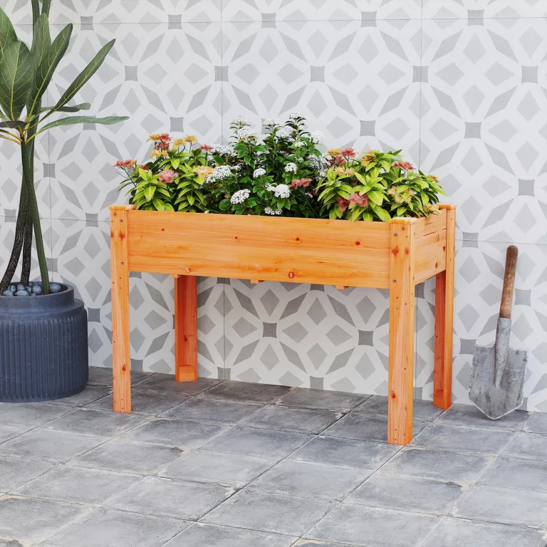 COSTWAY Hochbeet Holz, Erhöhtes Gartenbeet, Pflanzkasten mit Drainagelöchern, Gemüsebeet Pflanzbeet rechteckig, Kräuterbeet groß, Pflanztrog für Balkon Garten Terrasse, 120 x 60 x 82 cm (Braun) – Bild 8