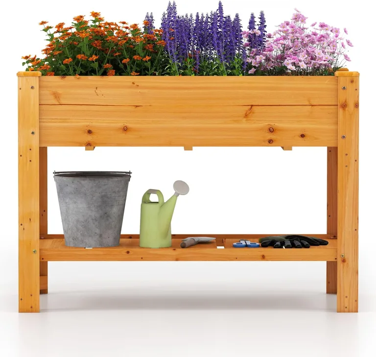 GOPLUS Hochbeet mit Ablage, Gartenbeet aus Tannenholz, Pflanzkasten mit Abflusslöchern, Kräuterbeet Pflanzbeet für Garten & Terrasse, 120,5 x 60,5 x 81,5 cm (mit Ablage,Natur) – Bild 2
