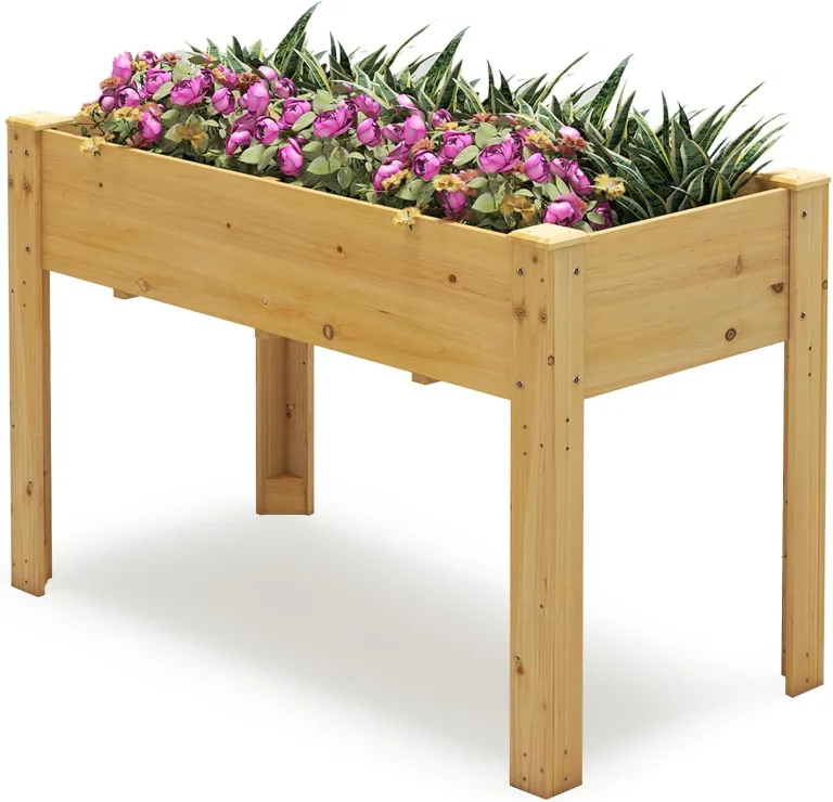 GOPLUS Hochbeet mit Ablage, Gartenbeet aus Tannenholz, Pflanzkasten mit Abflusslöchern, Kräuterbeet Pflanzbeet für Garten & Terrasse, 120,5 x 60,5 x 81,5 cm (mit Ablage,Natur) – Bild 3