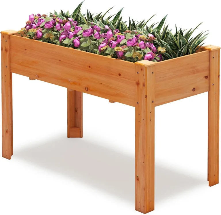 GOPLUS Hochbeet mit Ablage, Gartenbeet aus Tannenholz, Pflanzkasten mit Abflusslöchern, Kräuterbeet Pflanzbeet für Garten & Terrasse, 120,5 x 60,5 x 81,5 cm (mit Ablage,Natur) – Bild 4