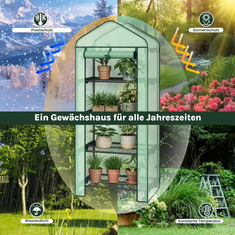 WOLTU Gewächshaus mit Rollen, Foliengewächshaus mit 4 Regalen, halbtransparentes Tomatengewächshaus mit aufrollbarer Tür, Winterschutz für Pflanzen, für Balkon Terrasse Garten, 70x50x162 cm, Grün – Bild 3