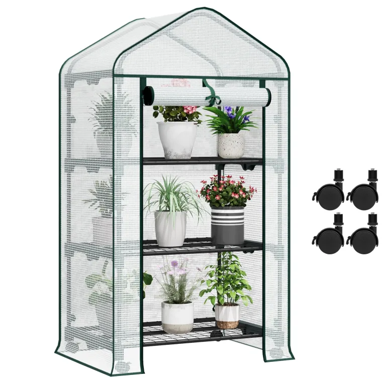 WOLTU Gewächshaus mit Rollen, Foliengewächshaus mit 4 Regalen, halbtransparentes Tomatengewächshaus mit aufrollbarer Tür, Winterschutz für Pflanzen, für Balkon Terrasse Garten, 70x50x162 cm, Grün – Bild 10