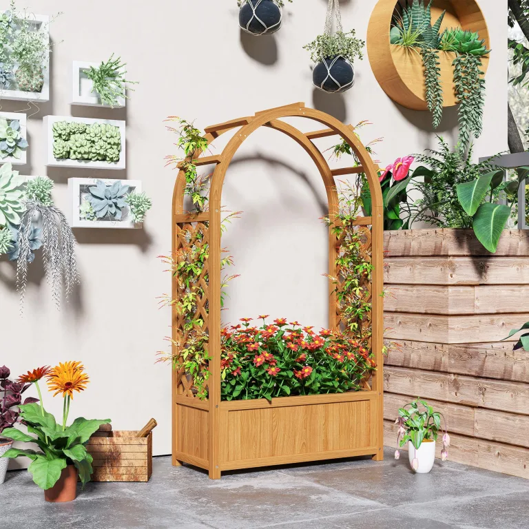 Outsunny Hochbeet Pflanzkasten mit Rankgitter, Gebogendach Spalier Pflanzkübel Holz, Gartenspalier 83x36x145cm für Garten Balkon Terrasse, Blumenkübel für Kletterpflanzen Korbpflanzen, Blumen – Bild 8