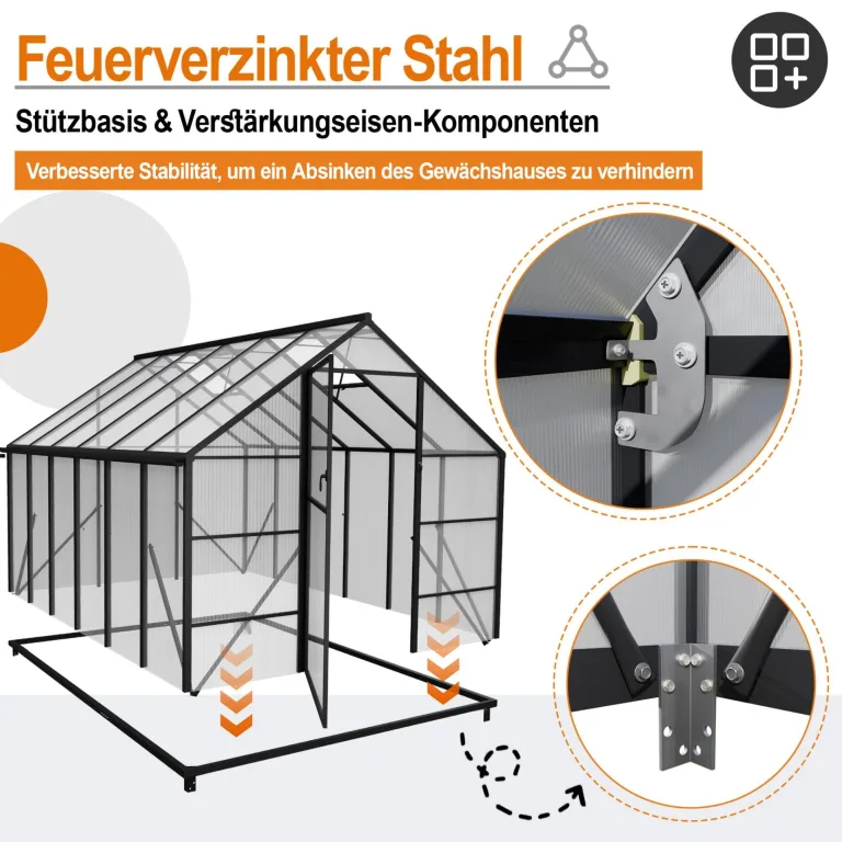 YRHome Premium Gewächshaus Aluminium 380x250x205cm 9.5m² Begehbares Garten-Gewächshaus mit verstärktem Fundament & Dachfenster & Tür Wetterfest & temperaturbeständig für Tomaten, Gemüse & Pflanzen – Bild 4