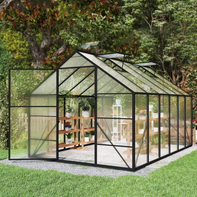 YRHome Premium Gewächshaus Aluminium 380x250x205cm 9.5m² Begehbares Garten-Gewächshaus mit verstärktem Fundament & Dachfenster & Tür Wetterfest & temperaturbeständig für Tomaten, Gemüse & Pflanzen – Bild 8