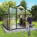 YRHome Premium Gewächshaus Aluminium 380x250x205cm 9.5m² Begehbares Garten-Gewächshaus mit verstärktem Fundament & Dachfenster & Tür Wetterfest & temperaturbeständig für Tomaten, Gemüse & Pflanzen - Thumbnail 9