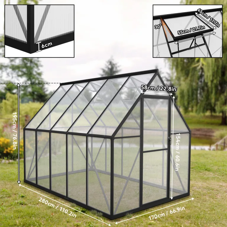 YRHome Premium Gewächshaus Aluminium 280x180x195cm 5.04m² Begehbares Garten-Gewächshaus mit verstärktem Fundament & Dachfenster & Tür Wetterfest & temperaturbeständig für Tomaten, Gemüse & Pflanzen – Bild 2