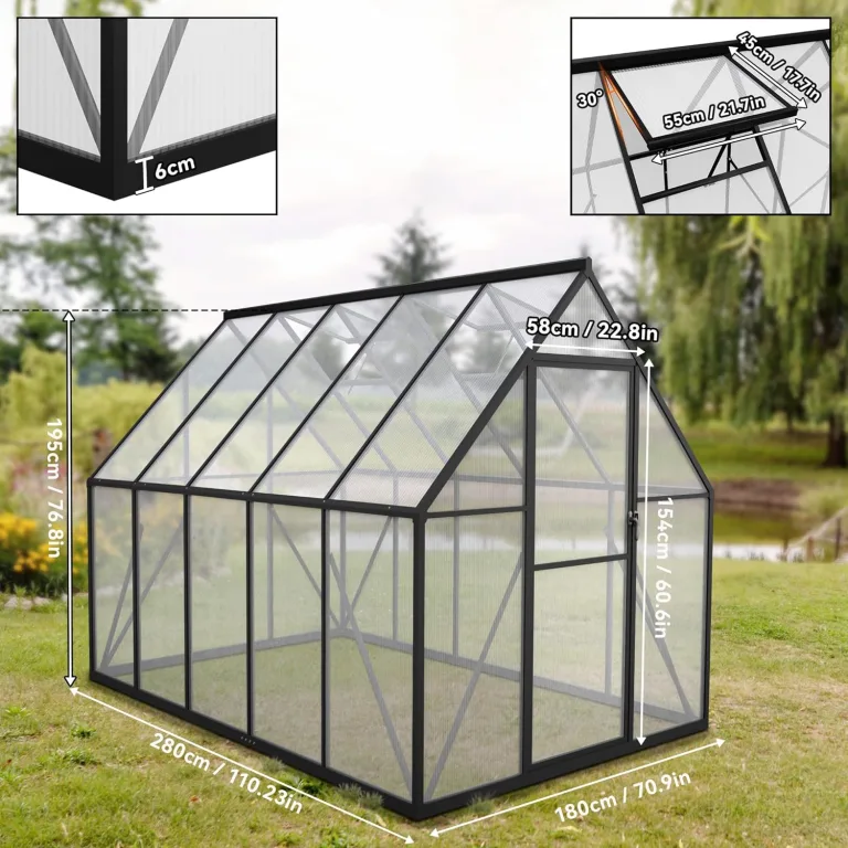 Froadp Gewächshaus aus Aluminium mit Fundament 280x180x195cm Gartengewächshäuser 4mm PC-Hohlkammerplatten Wetterfest Treibhaus, Tomatenhaus mit Fenstern Treibhaus für Garten & Aufzucht – Bild 2