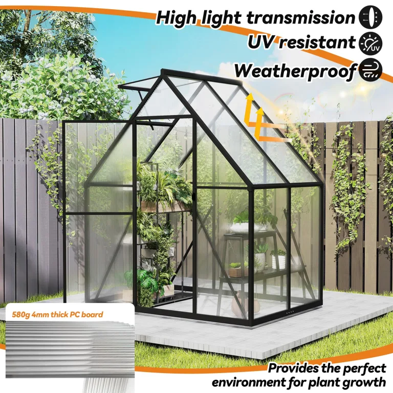 UISEBRT Gewächshaus Treibhaus für Garten Tomatenhaus mit Fundament Frühbeet Pflanzenhaus mit Fenster & Wetterfestem Hohlkammerplatten Gartengewächshäuser 125x180x195cm UV- & Frostgeschützt – Bild 6