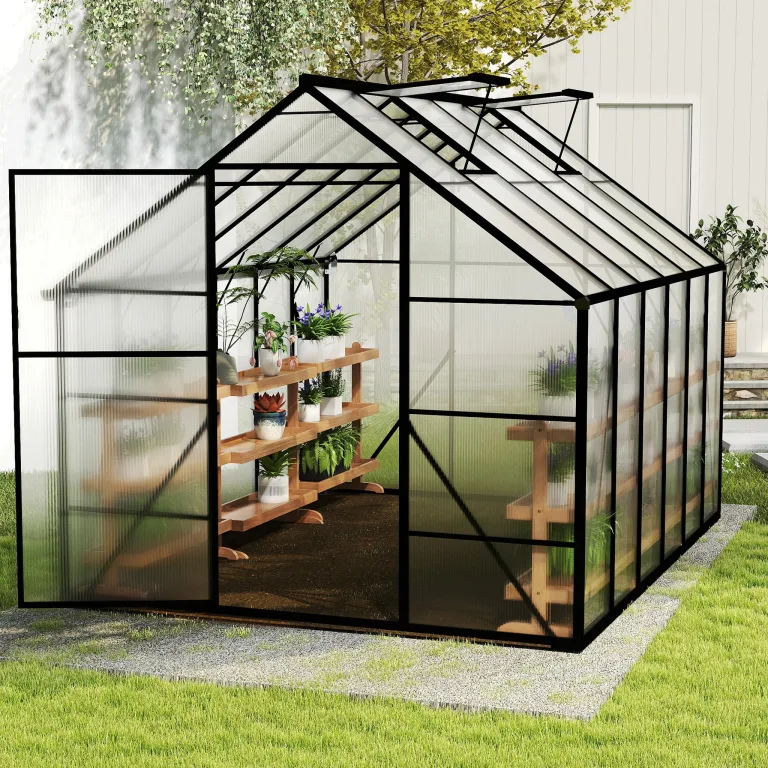 UISEBRT Gewächshaus Treibhaus für Garten Tomatenhaus mit Fundament Frühbeet Pflanzenhaus mit Fenster & Wetterfestem Hohlkammerplatten Gartengewächshäuser 380x250x205cm UV- & Frostgeschützt – Bild 8