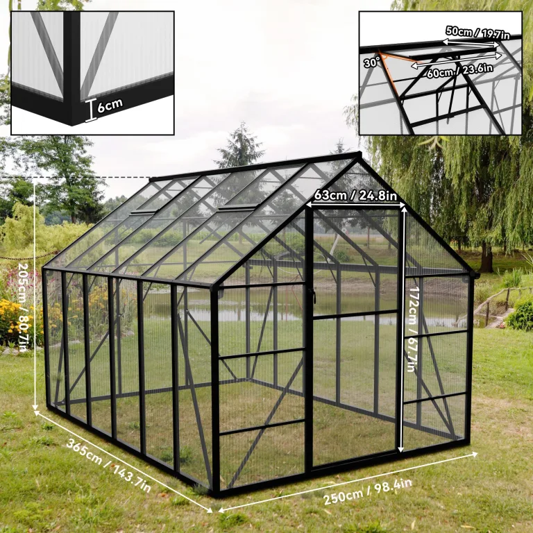 ACXIN Gewächshaus für Garten, Aluminium Treibhaus, Tomatenhaus & Pflanzenhaus mit Fundament, Dachfenster, PC-Platten, Bodenanker, Eisenverstärkung, 380x250x205cm Frühbeet, Wetterfest & UV-beständig – Bild 2