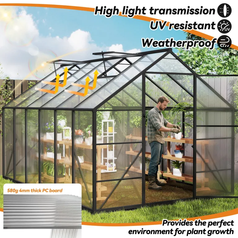 ACXIN Gewächshaus für Garten, Aluminium Treibhaus, Tomatenhaus & Pflanzenhaus mit Fundament, Dachfenster, PC-Platten, Bodenanker, Eisenverstärkung, 380x250x205cm Frühbeet, Wetterfest & UV-beständig – Bild 6
