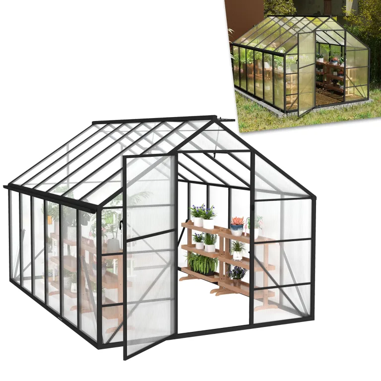 ACXIN Gewächshaus für Garten, Aluminium Treibhaus, Tomatenhaus & Pflanzenhaus mit Fundament, Dachfenster, PC-Platten, Bodenanker, Eisenverstärkung, 380x250x205cm Frühbeet, Wetterfest & UV-beständig – Bild 1