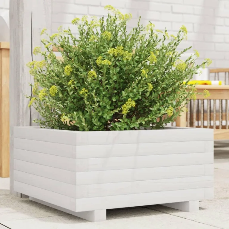 Pflanzkübel Weiß 50x50x26 5 cm Massivholz Kiefer robust und stabil gerader Rahmen viel Platz dekorativ für Garten Dekoration