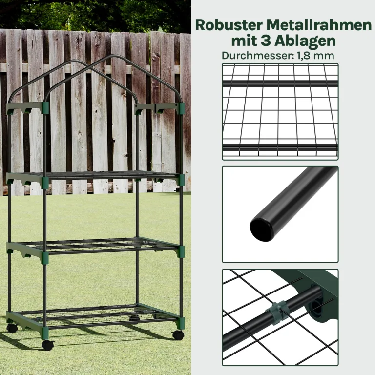 WOLTU Gewächshaus mit Rollen, Foliengewächshaus mit 3 Regalen, halbtransparentes Tomatengewächshaus mit aufrollbarer Tür, Winterschutz für Pflanzen, für Balkon Terrasse Garten, 70x50x131 cm, Grün – Bild 5