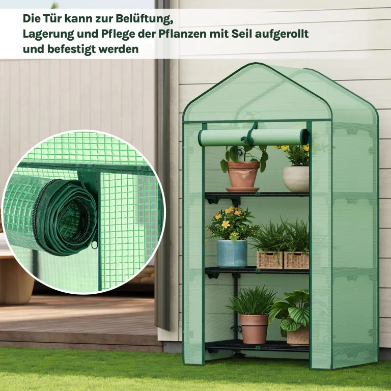 WOLTU Gewächshaus mit Rollen, Foliengewächshaus mit 3 Regalen, halbtransparentes Tomatengewächshaus mit aufrollbarer Tür, Winterschutz für Pflanzen, für Balkon Terrasse Garten, 70x50x131 cm, Grün – Bild 6