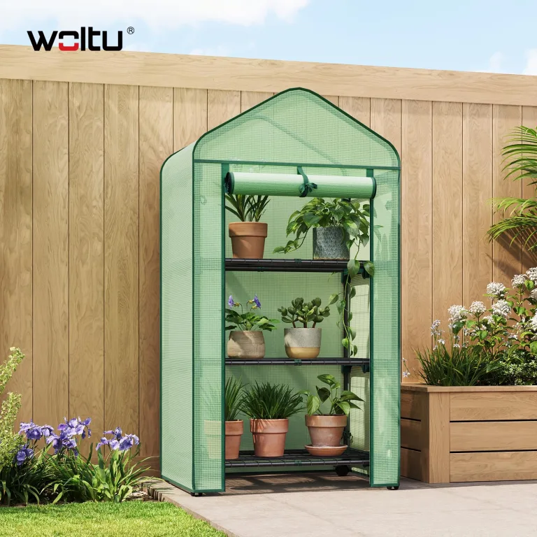 WOLTU Gewächshaus mit Rollen, Foliengewächshaus mit 3 Regalen, halbtransparentes Tomatengewächshaus mit aufrollbarer Tür, Winterschutz für Pflanzen, für Balkon Terrasse Garten, 70x50x131 cm, Grün – Bild 7
