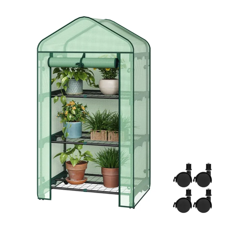 WOLTU Gewächshaus mit Rollen, Foliengewächshaus mit 3 Regalen, halbtransparentes Tomatengewächshaus mit aufrollbarer Tür, Winterschutz für Pflanzen, für Balkon Terrasse Garten, 70x50x131 cm, Grün – Bild 1