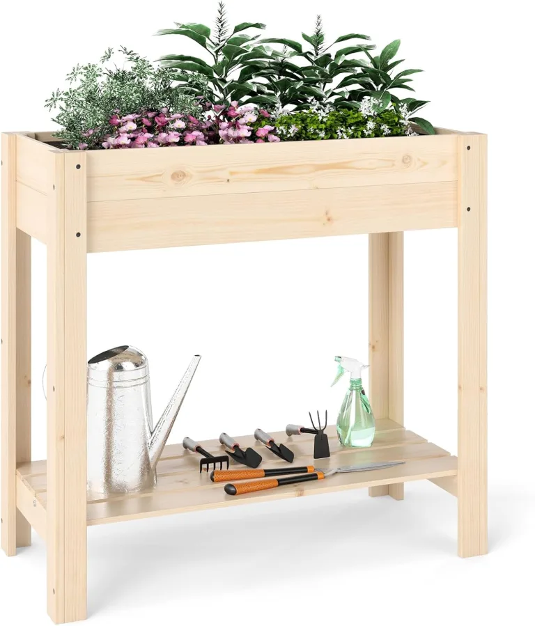 COSTWAY Hochbeet mit Ablage, Erhöhtes Gartenbeet aus Holz, Pflanzkasten mit Entwässerung, Gemüsebeet Kräuterbeet groß, für Balkon Garten Terrasse, 81 x 37 x 77 cm, Natur – Bild 1