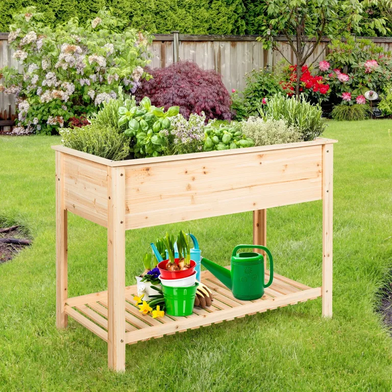 COSTWAY Hochbeet mit Ablage, Pflanzkübel Holz Pflanzkasten Blumenbeet Kräuterbeet Pflanztrog, Pflanzbeet groß Anzuchtbeet im Garten Balkon, 92 x 41 x 81 cm, Natur – Bild 2