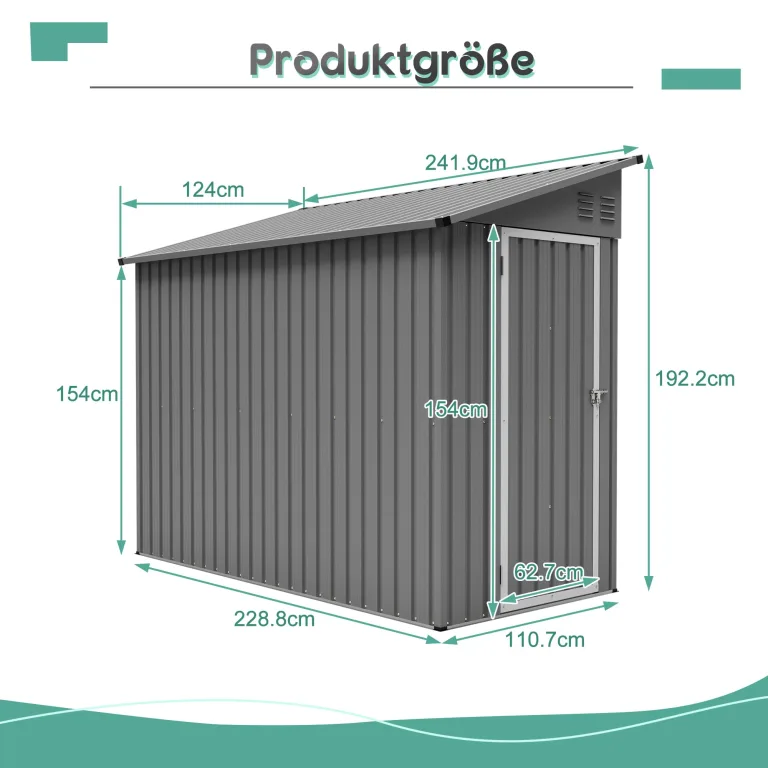 Thanaddo Metall Gerätehaus Gartenhaus 110x229x192cm, Geräteschuppen mit Pultdach, wetterfest Gartenschuppen Inkl. Metallfundament (ohne Boden) für Outdoor Garten Terrasse, Grau – Bild 3