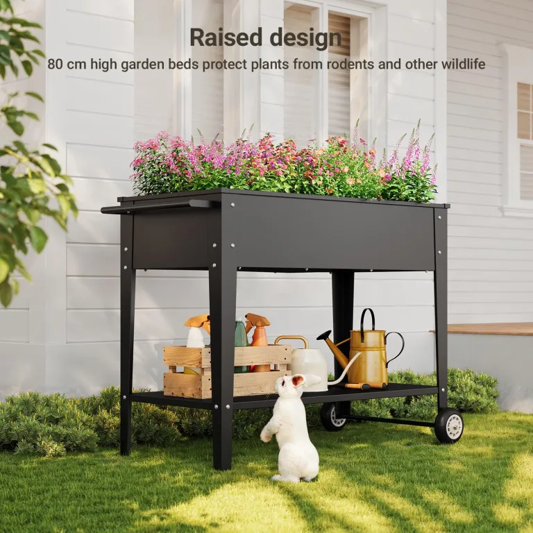 Xbro Hochbeet mit Rollen & Ablageboden aus Metall, Pflanzkasten Blumenkübel für Garten, Balkon & Terrasse, 104x41x80 cm, Schwarz – Bild 3