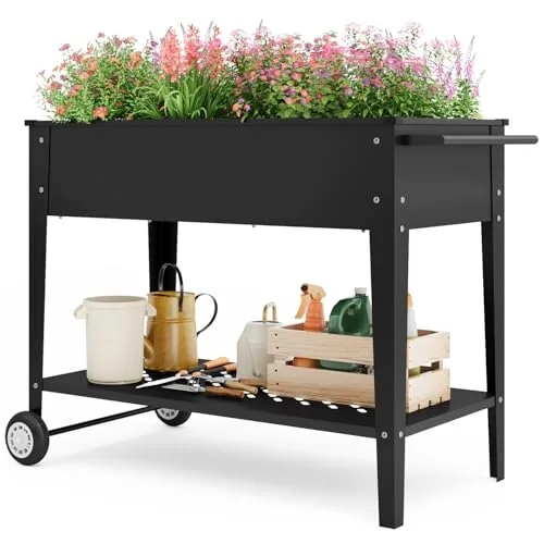 Xbro Hochbeet mit Rollen & Ablageboden aus Metall, Pflanzkasten Blumenkübel für Garten, Balkon & Terrasse, 104x41x80 cm, Schwarz – Bild 8