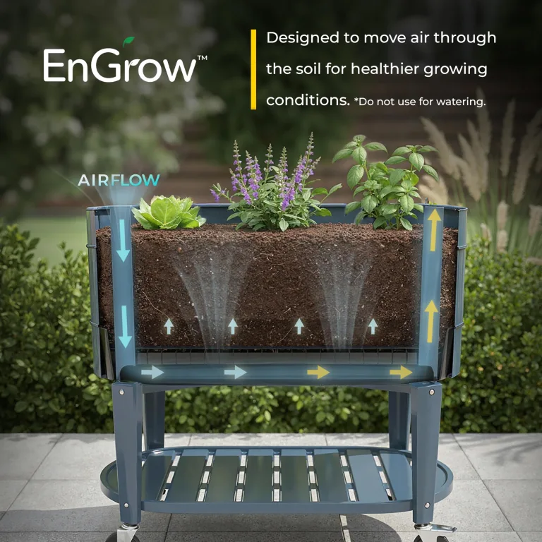 Permasteel Hochbeet mit Beinen, Pflanzkasten mit EnGrow™ TrueSoil™ Technologie für Gemüse, Blumen, Kräuter und Obst, Outdoor Indoor, Ablageregal, Lenkrollen, Blau – Bild 2