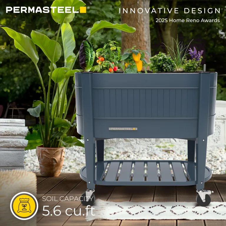 Permasteel Hochbeet mit Beinen, Pflanzkasten mit EnGrow™ TrueSoil™ Technologie für Gemüse, Blumen, Kräuter und Obst, Outdoor Indoor, Ablageregal, Lenkrollen, Blau – Bild 3