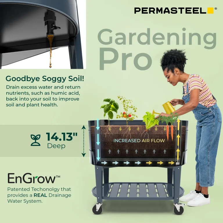 Permasteel Hochbeet mit Beinen, Pflanzkasten mit EnGrow™ TrueSoil™ Technologie für Gemüse, Blumen, Kräuter und Obst, Outdoor Indoor, Ablageregal, Lenkrollen, Blau – Bild 5