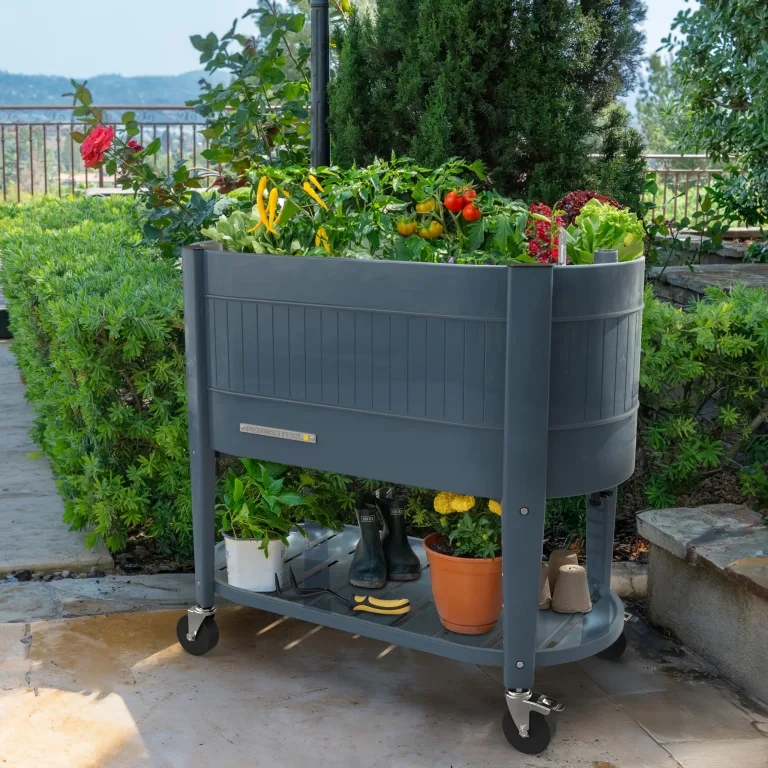 Permasteel Hochbeet mit Beinen, Pflanzkasten mit EnGrow™ TrueSoil™ Technologie für Gemüse, Blumen, Kräuter und Obst, Outdoor Indoor, Ablageregal, Lenkrollen, Blau – Bild 10