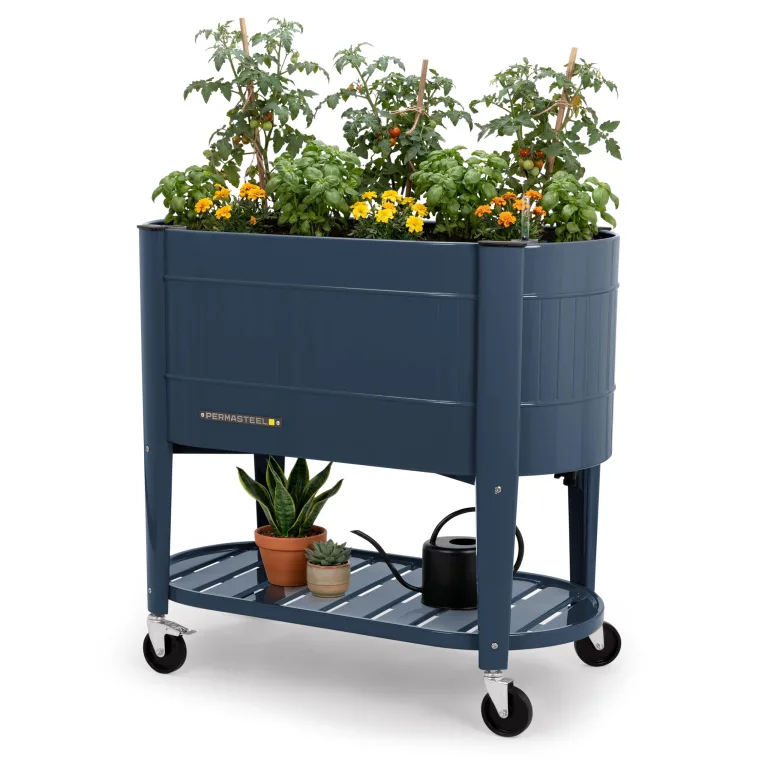 Permasteel Hochbeet mit Beinen, Pflanzkasten mit EnGrow™ TrueSoil™ Technologie für Gemüse, Blumen, Kräuter und Obst, Outdoor Indoor, Ablageregal, Lenkrollen, Blau – Bild 1