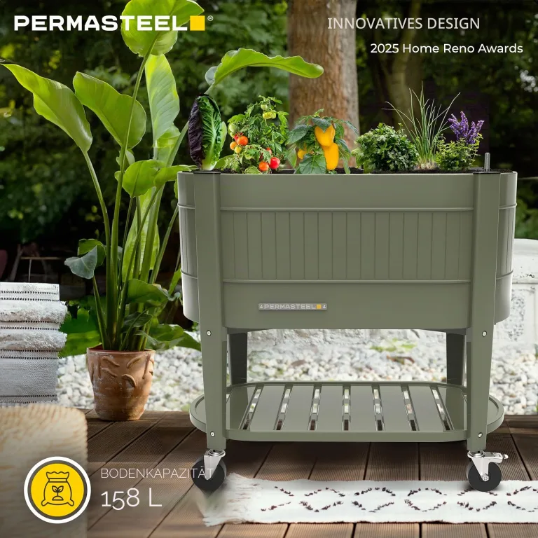 Permasteel Hochbeet mit Beinen, Pflanzkasten mit EnGrow™ TrueSoil™ Technologie für Gemüse, Blumen, Kräuter und Obst, Outdoor Indoor, Lagerregal, Lenkrollen, Grün – Bild 3