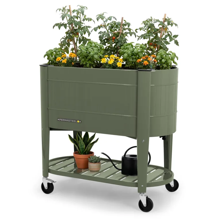 Permasteel Hochbeet mit Beinen, Pflanzkasten mit EnGrow™ TrueSoil™ Technologie für Gemüse, Blumen, Kräuter und Obst, Outdoor Indoor, Lagerregal, Lenkrollen, Grün – Bild 1
