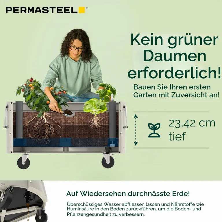 Permasteel Selbstbewässerndes Gartenbeet, rollender Übertopf für Gemüse, Blumen, Kräuter und Obst, für den Innen- und Außenbereich, mit Rollen, elfenbeinfarben – Bild 4
