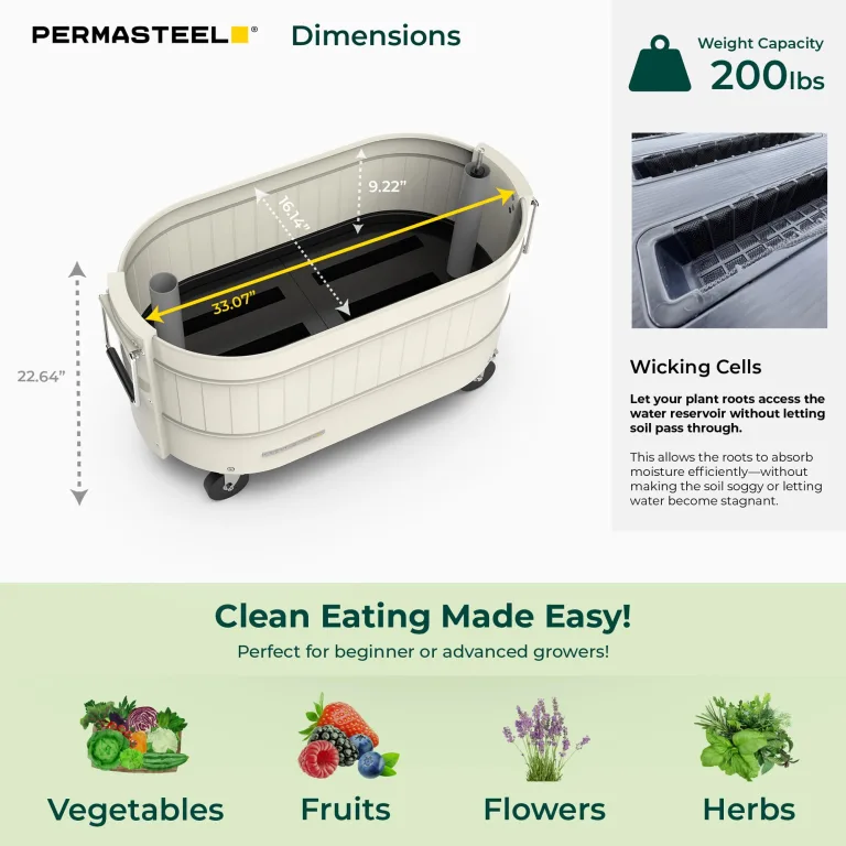 Permasteel Selbstbewässerndes Gartenbeet, rollender Übertopf für Gemüse, Blumen, Kräuter und Obst, für den Innen- und Außenbereich, mit Rollen, elfenbeinfarben – Bild 6
