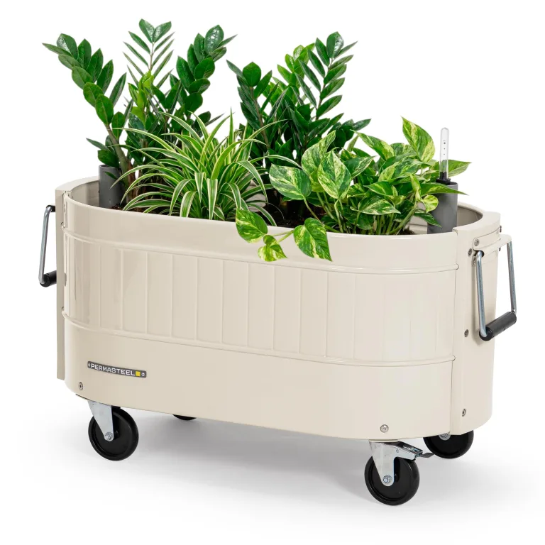 Permasteel Selbstbewässerndes Gartenbeet, rollender Übertopf für Gemüse, Blumen, Kräuter und Obst, für den Innen- und Außenbereich, mit Rollen, elfenbeinfarben – Bild 1