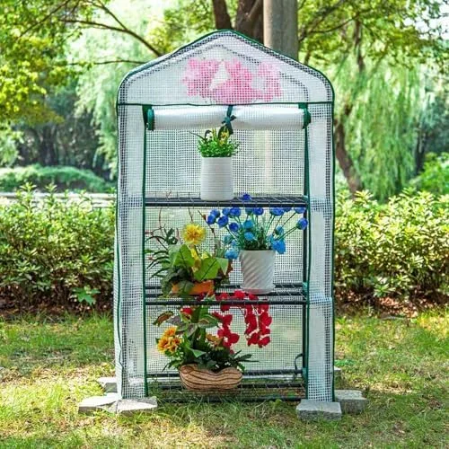 Anlehngewächshaus aus Aluminium, kompakter Tomaten-Gartenschuppen, begehbares 3-stöckiges Gewächshaus mit Stahlrahmen, regenfeste PVC/PE-Abdeckung, frostsicheres Design, perfekt für Gartenpf
