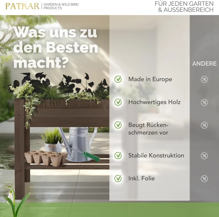 PATKAR Hochbeet Holz 81x33x70cm [RÜCKENSCHONENDE HÖHE] - Premium hochbeet Balkon oder Garten (Made in Europe) - Pflanzkasten Hochbeete-Kit - Kräuterbeet Balkon Hochbeet - Hochbeete für Garten (Braun) – Bild 7
