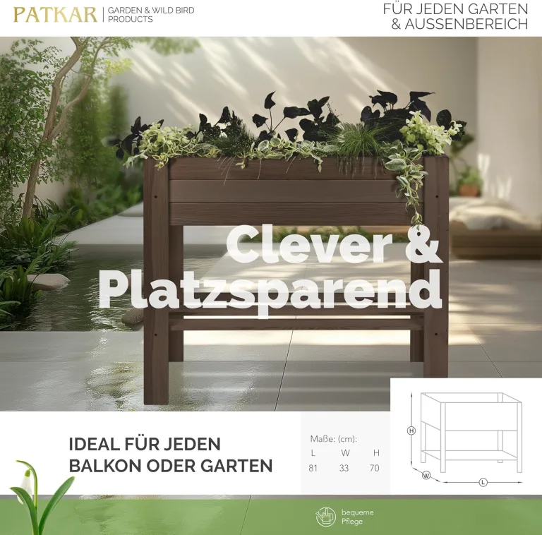 PATKAR Hochbeet Holz 81x33x70cm [RÜCKENSCHONENDE HÖHE] - Premium hochbeet Balkon oder Garten (Made in Europe) - Pflanzkasten Hochbeete-Kit - Kräuterbeet Balkon Hochbeet - Hochbeete für Garten (Braun) – Bild 2
