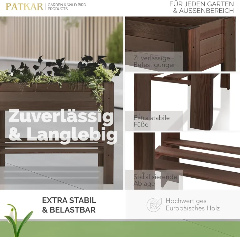 PATKAR Hochbeet Holz 81x33x70cm [RÜCKENSCHONENDE HÖHE] - Premium hochbeet Balkon oder Garten (Made in Europe) - Pflanzkasten Hochbeete-Kit - Kräuterbeet Balkon Hochbeet - Hochbeete für Garten (Braun) – Bild 3