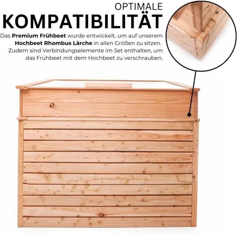 Premium Frühbeet 116x76x30 cm aus europäischer Lärche mit Klappdeckel - Wetterfest - Polycarbonat-Fenster - Hochbeet-Aufsatz aus Holz, kompatibel mit Hochbeet, für Garten, Balkon & Terrasse – Bild 8